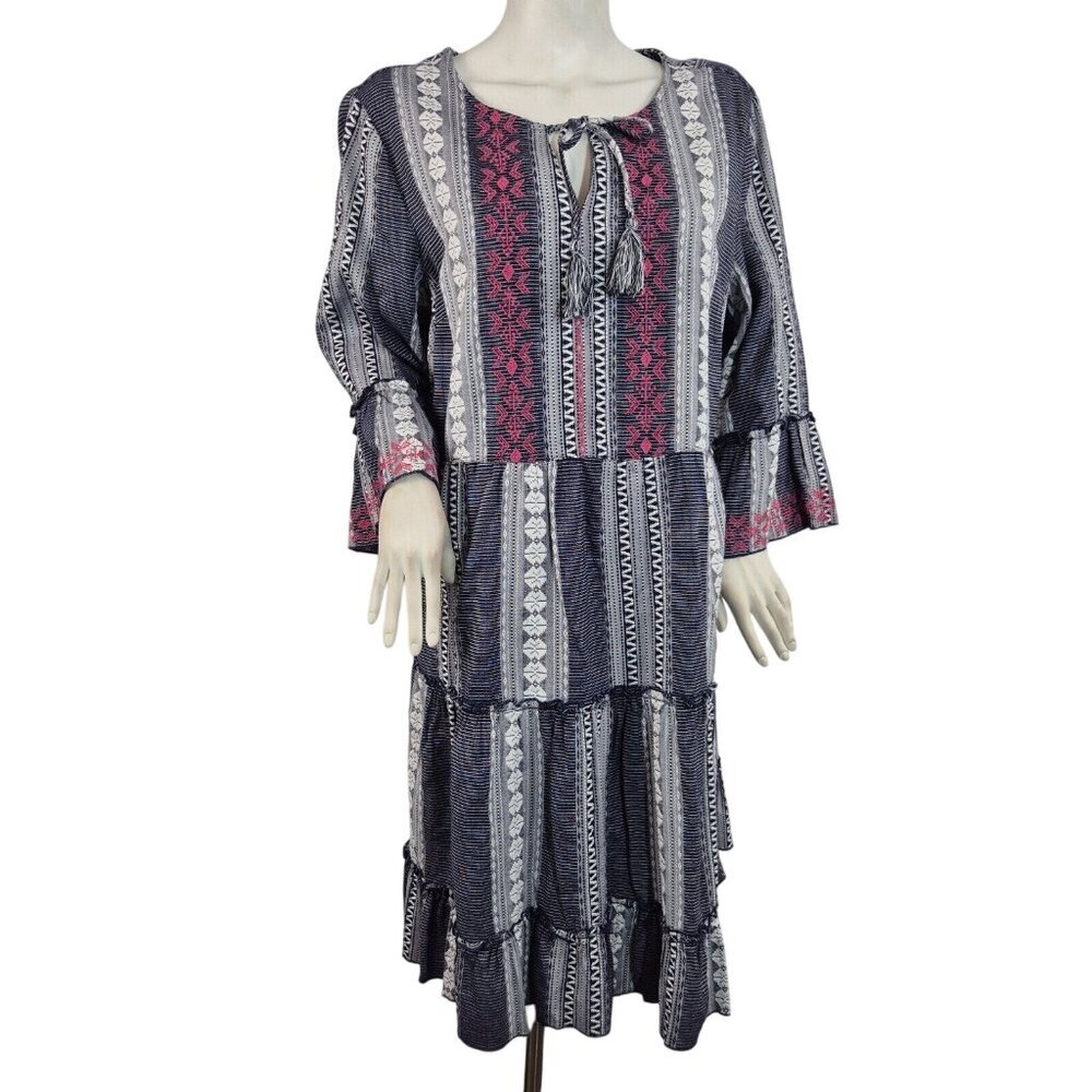 John Mark Women's Dress Size L Floral Embroidered Blue White Pink Stripe (29)